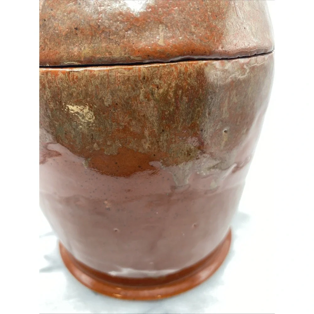 Studio Pottery Artisan Lidded Jar Brown Bronze Metallic Glaze 9.5 In Handcrafted